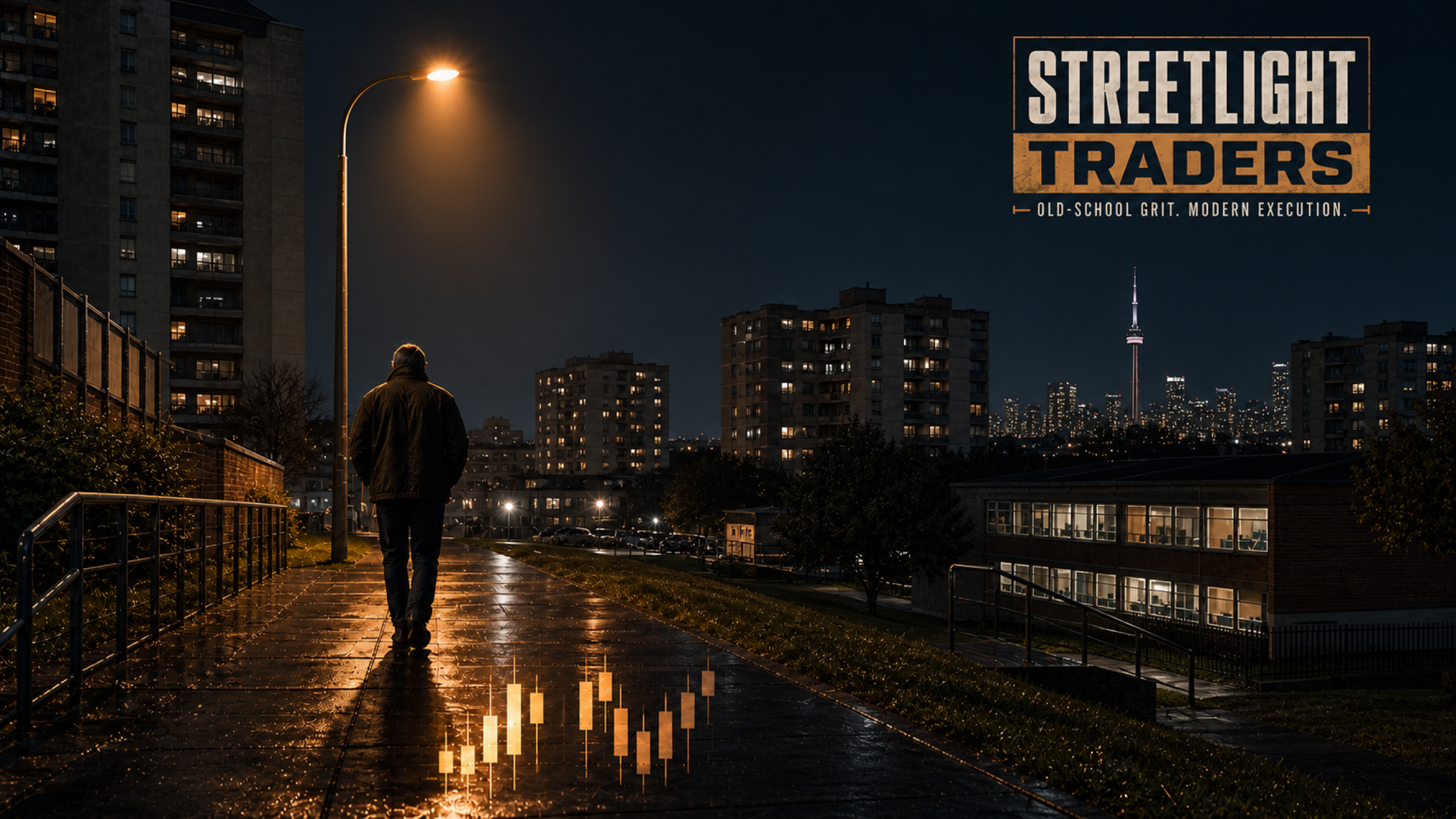 A figure beneath a warm streetlight in Flemingdon Park, Toronto beyond, and StreetLight Traders in the upper-right sky.