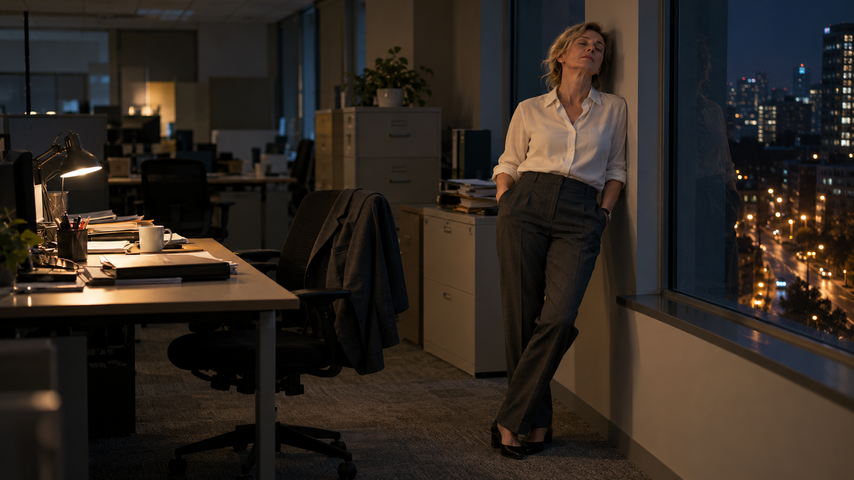 An experienced professional taking a quiet moment at the end of a long day, warm streetlights beyond the office window.