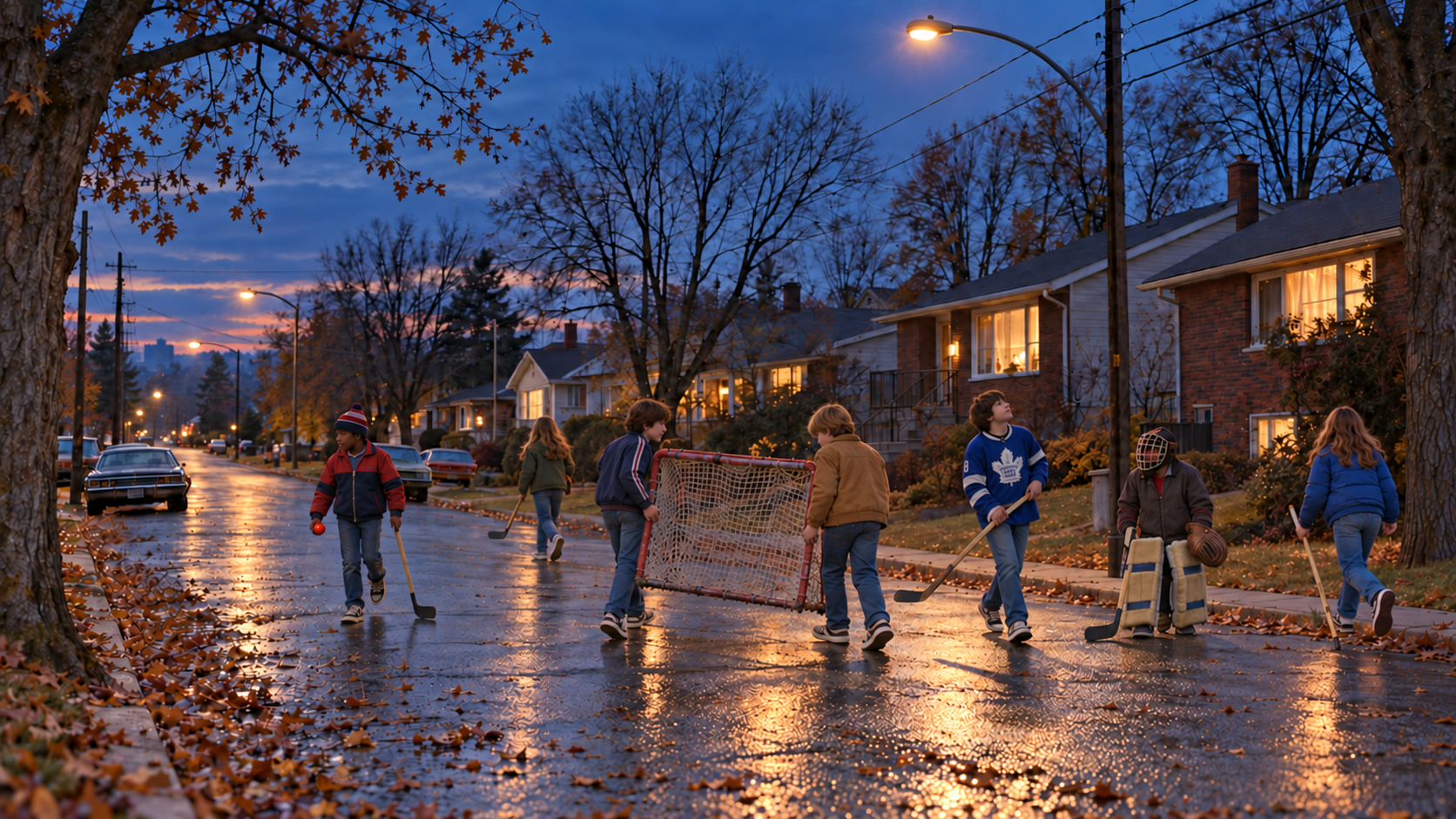 Children gathering road-hockey gear as streetlights come on in an ordinary Canadian neighbourhood.