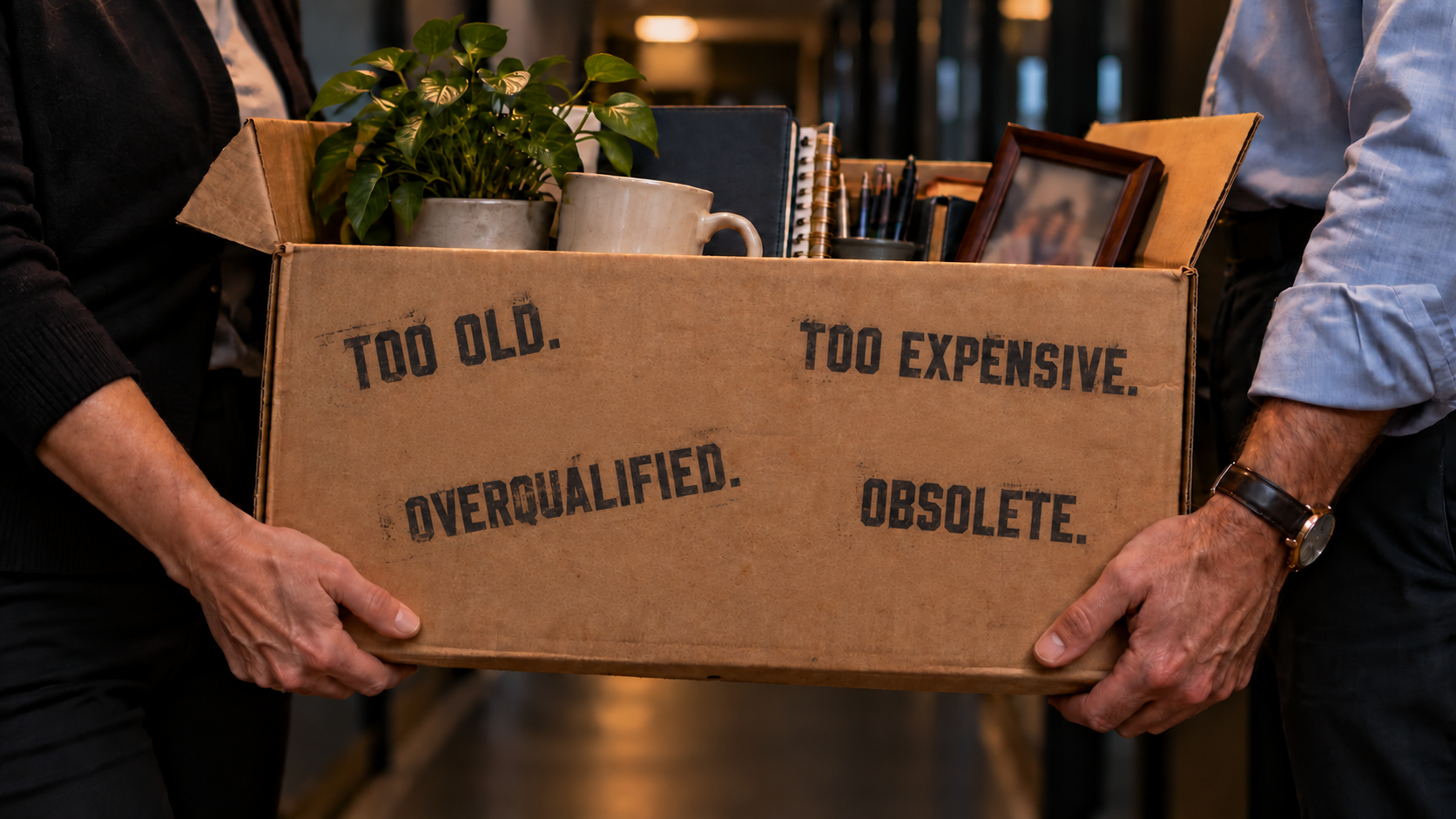 Working hands carrying an office box stamped TOO OLD., TOO EXPENSIVE., OVERQUALIFIED., and OBSOLETE.