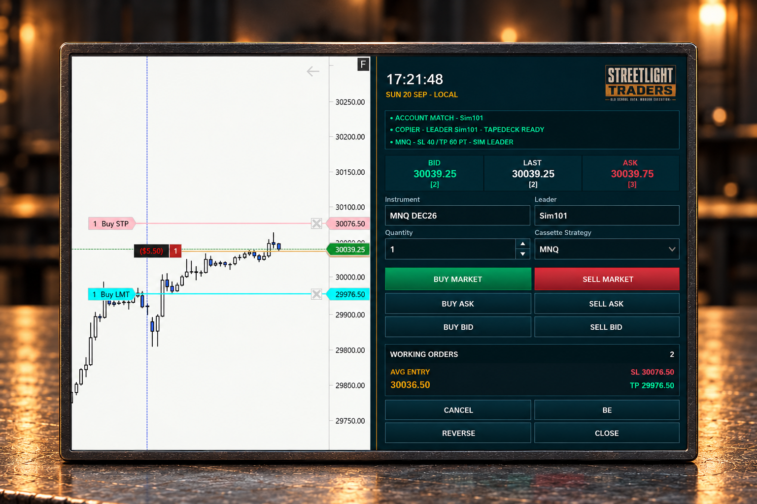 Protected SIM trade showing Cassette controls beside stop and target orders on the NinjaTrader chart.