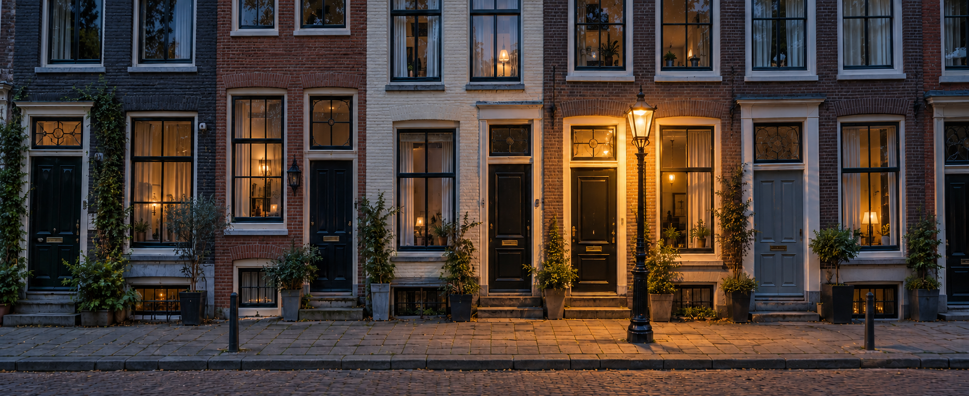 Different neighbouring doorways at blue hour, with one ordinary entrance softly illuminated by an amber streetlight.