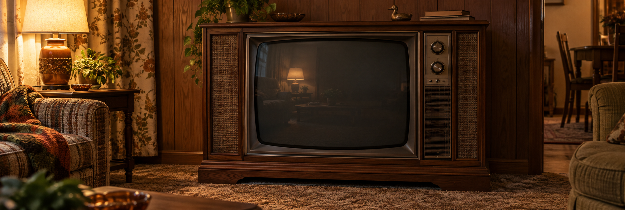 An unlit wood-cabinet console television in a warm, lived-in 1970s family den.