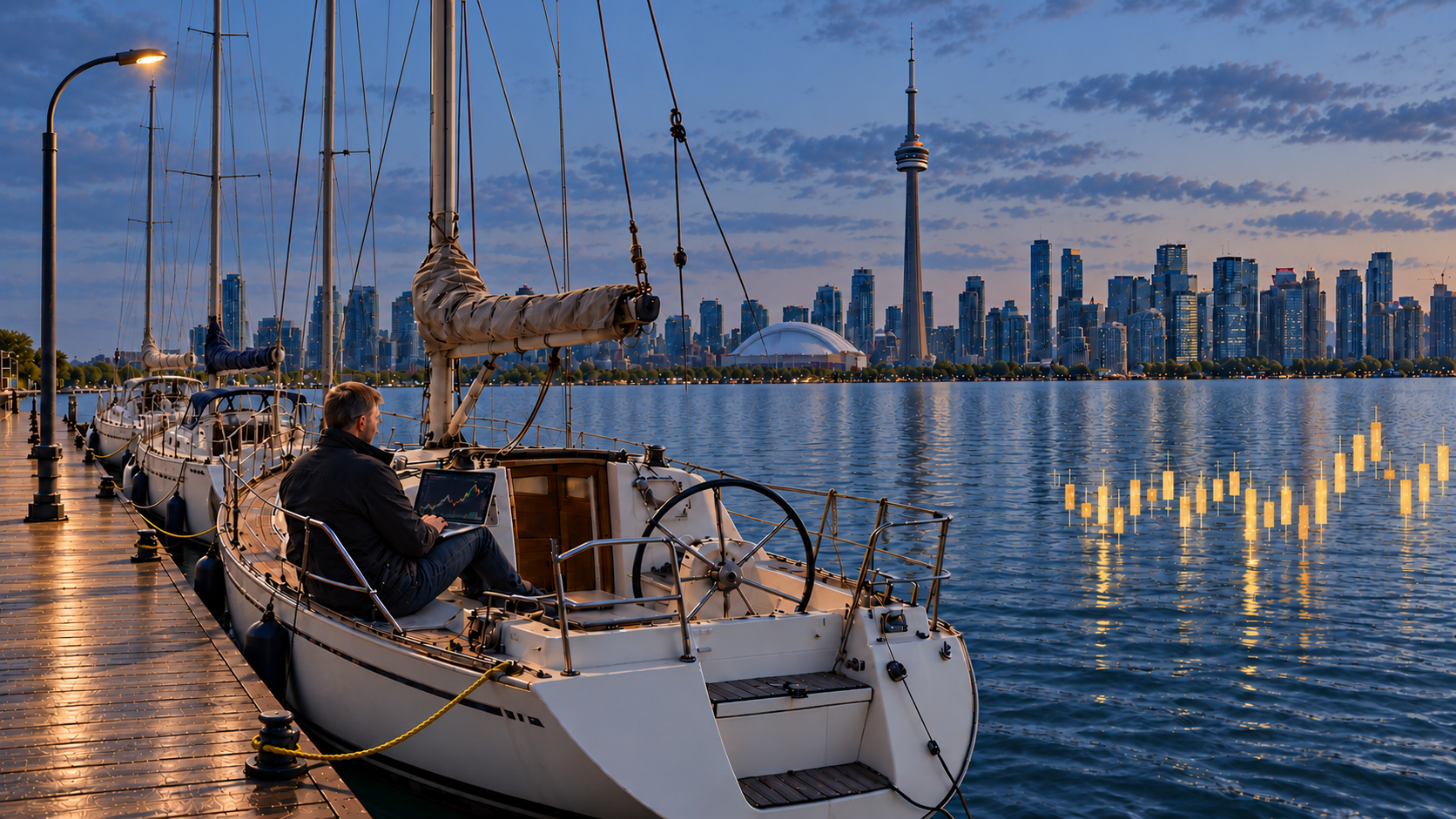 A man with a chart laptop aboard a practical sailboat, moored beside two neighbouring boats in Toronto Harbour at blue hour, with the CN Tower beyond the water and a warm dock streetlight illuminated.
