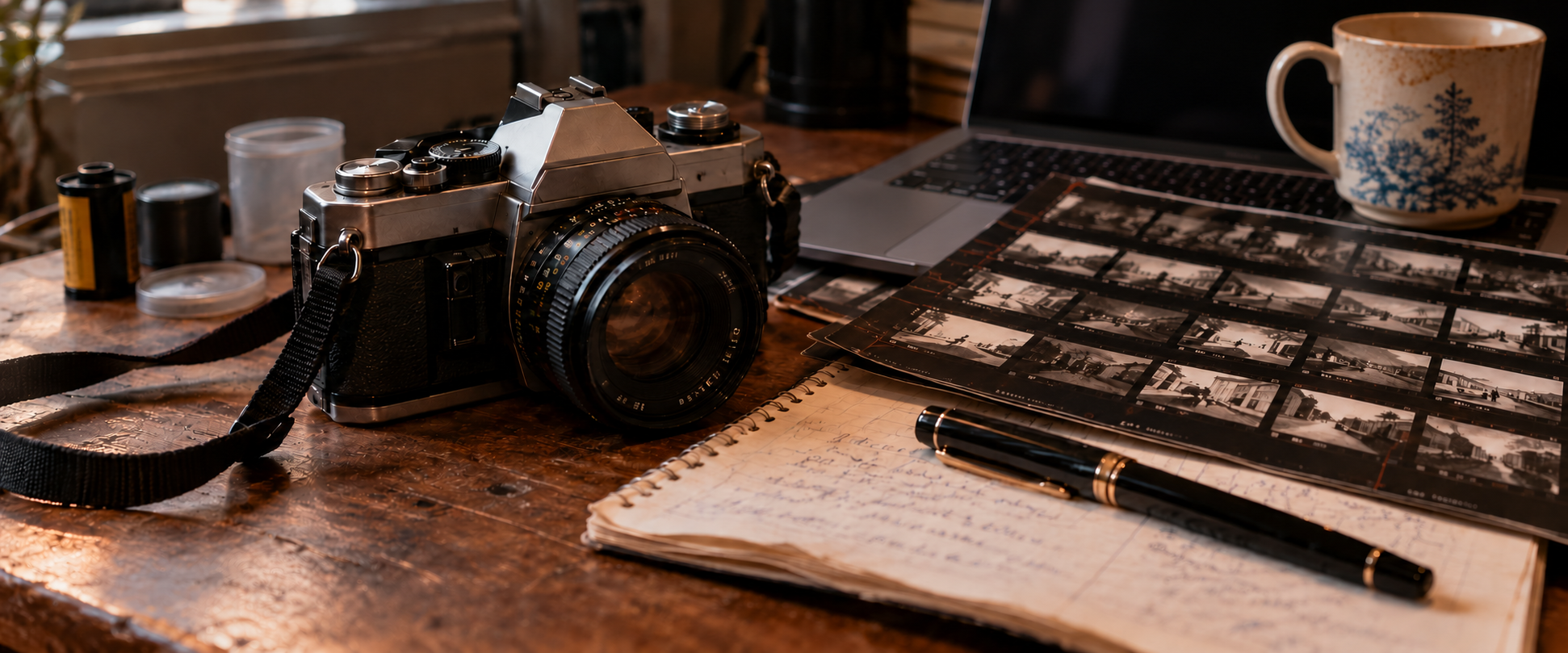 A working film camera, photographic contact sheets, reporter’s notes and black pen sharing a desk with a modern laptop.