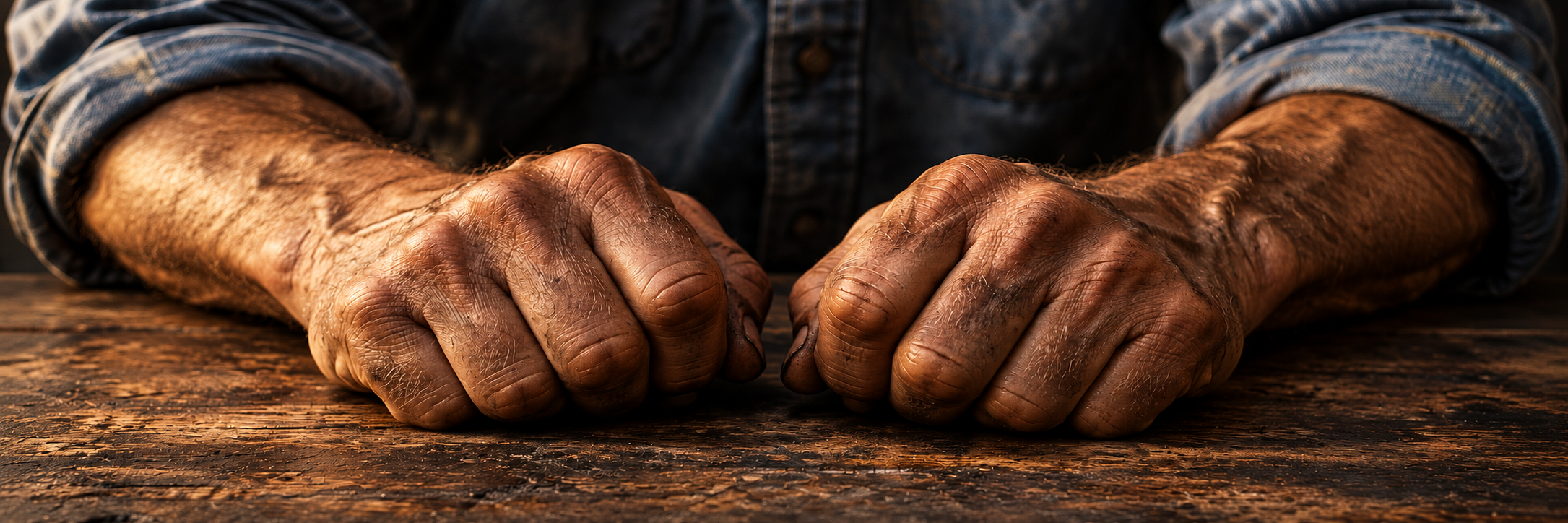 Two older, worn human hands resting on a weathered wooden work surface, with shirt sleeves rolled up.