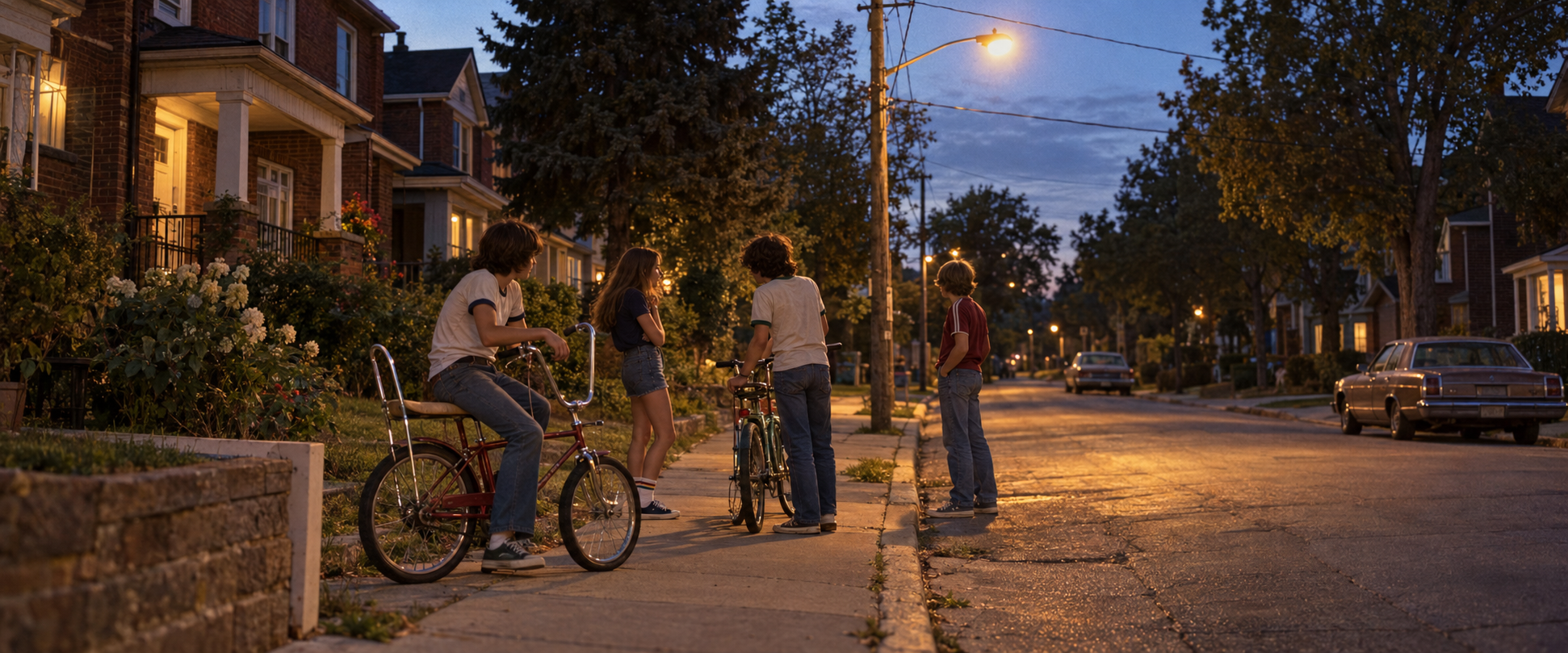 Neighbourhood kids lingering beside their bicycles on a late-1970s Canadian summer evening as the amber streetlights come on.