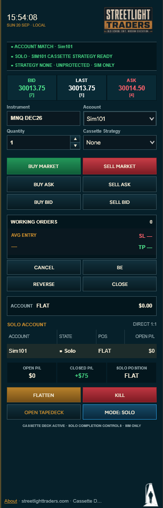 Cassette SOLO cockpit: account and strategy setup above, entry and management controls below.