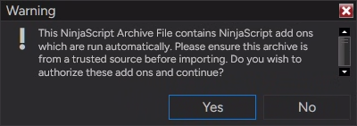 NinjaTrader’s trusted-archive authorization prompt. Confirm only a package from the intended trusted source.