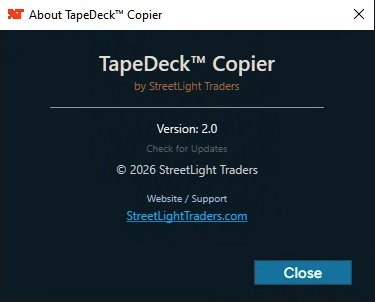 TapeDeck About confirms Version 2.0. Check for Updates is not an automatic updater.