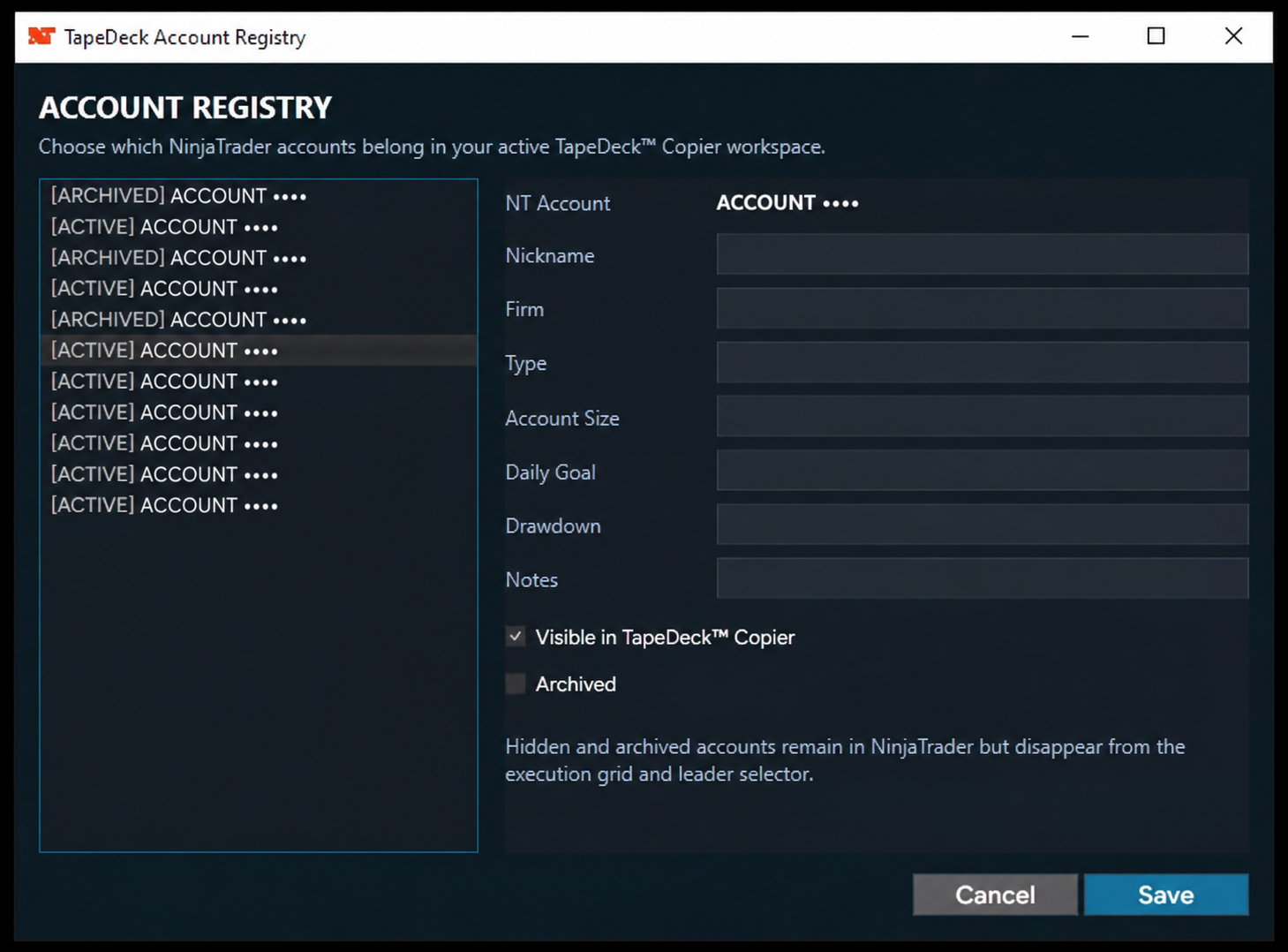 TapeDeck Account Registry controls and account metadata.