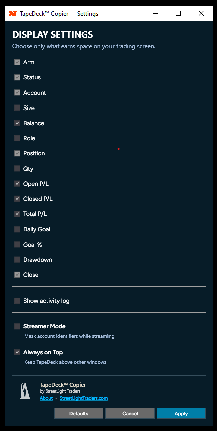 TapeDeck Display Settings showing column controls, activity log, Streamer Mode and Always on Top.