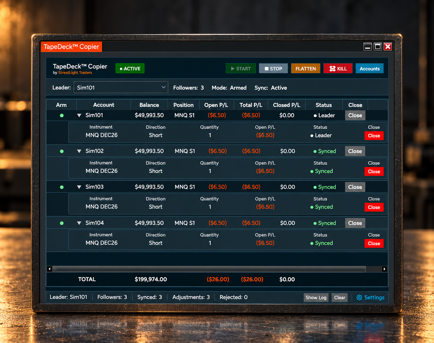TapeDeck ACTIVE expanded SIM view on the warm steel workbench, showing all four expanded MNQ contract lanes, Sim101–Sim104, original controls and simulated values.