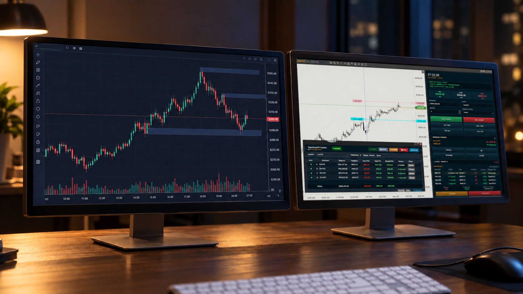 Dark charting display beside a light NinjaTrader-style execution workspace with StreetLight tools.