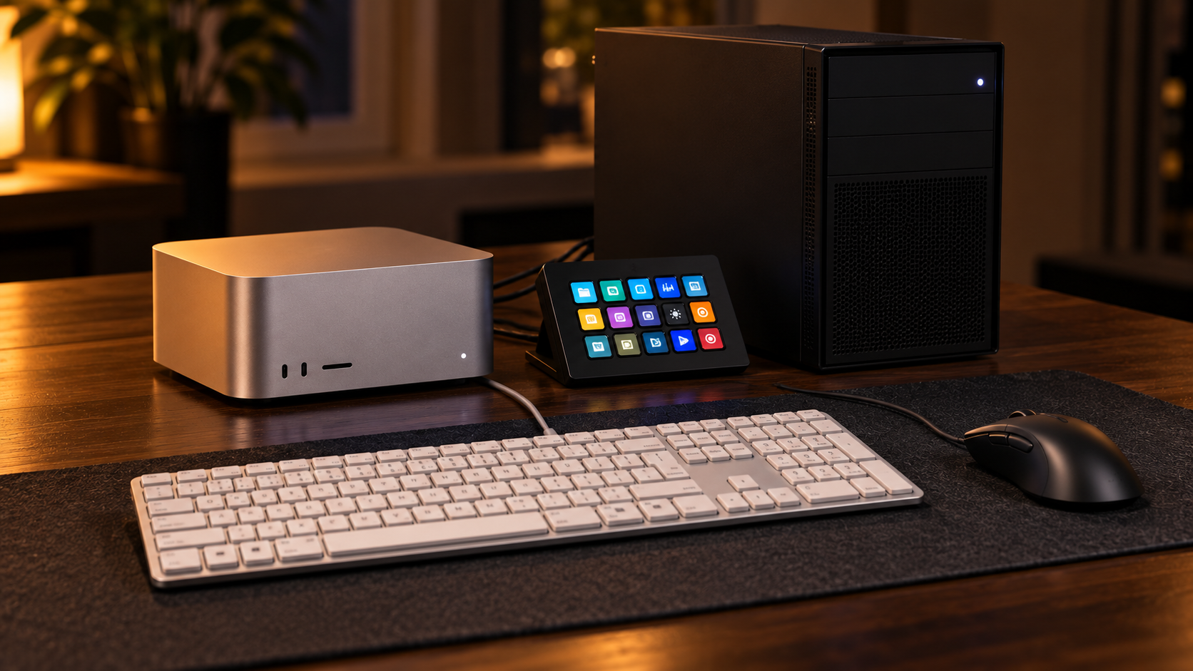 Mac Studio, Windows PC, control surface, white wired keyboard and black wired mouse.