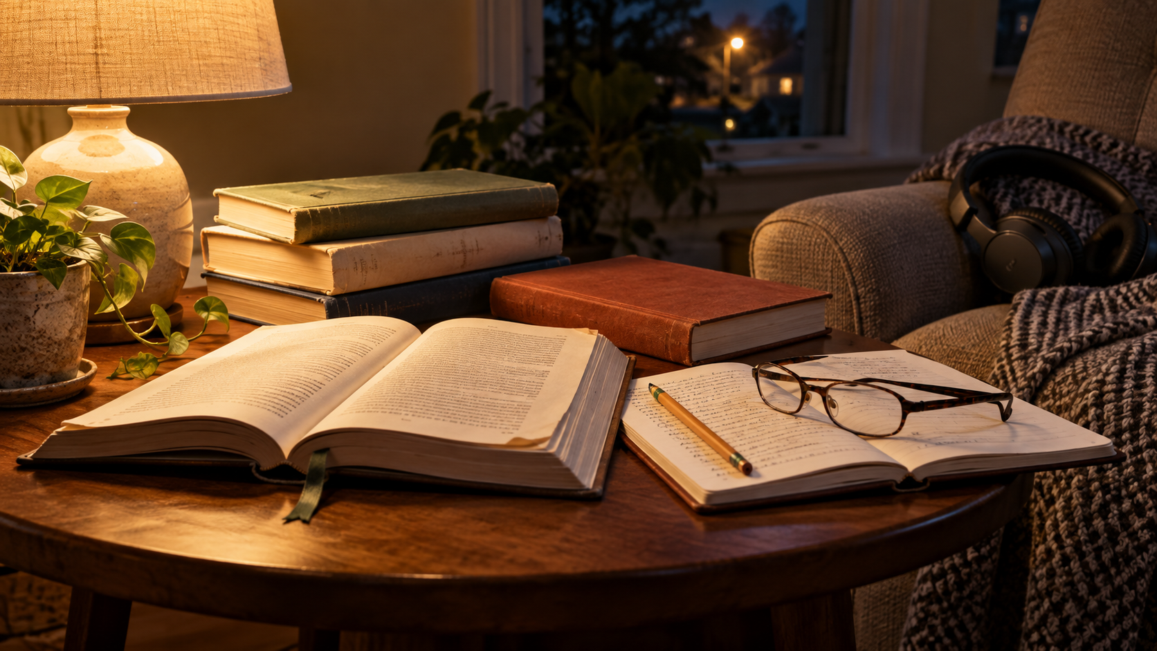 Used reading collection, open book and notes, pencil, glasses and headphones in evening light.