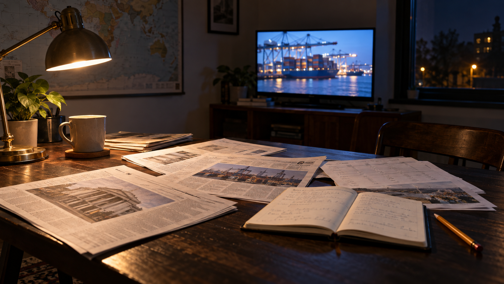 News pages, event calendar and notes under a reading lamp, with global news on television.