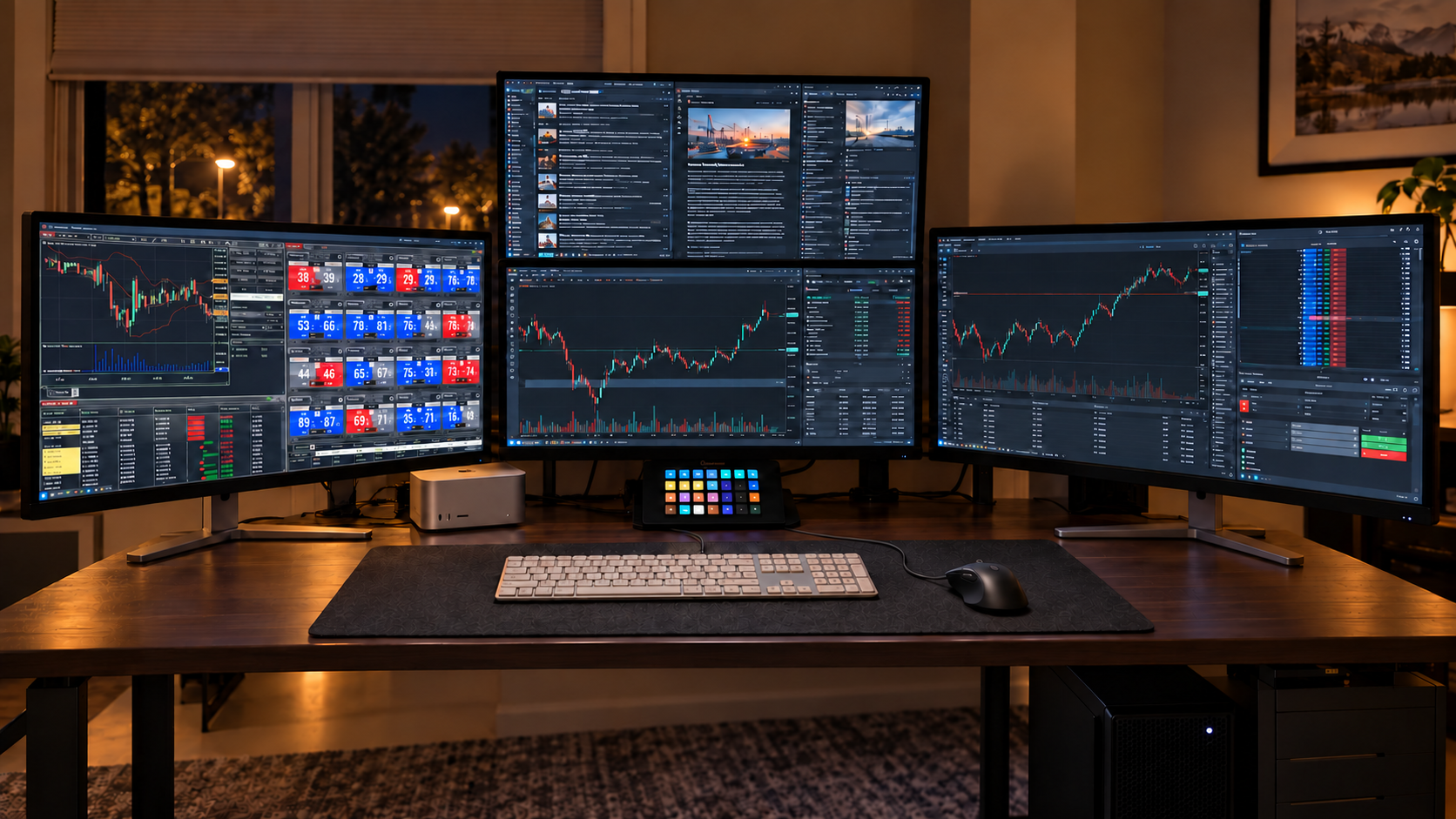 StreetLight’s four-display desk with white wired keyboard, Mac Studio, Windows PC and compact control surface.