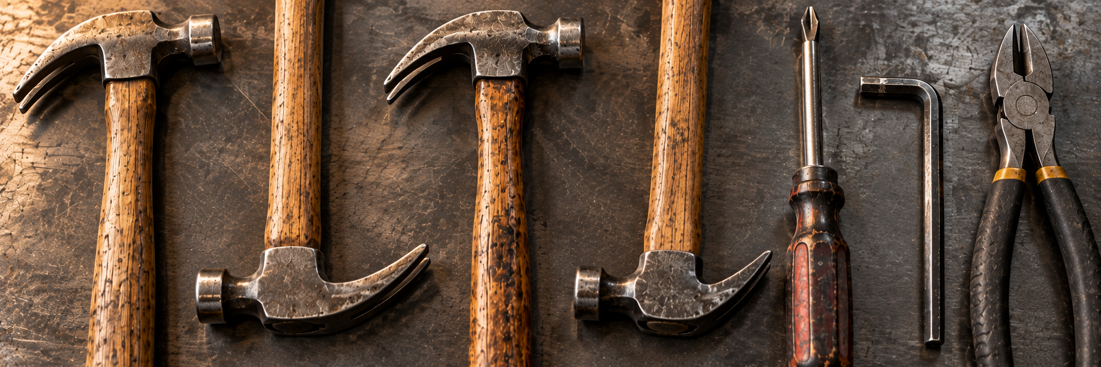 Four alternating hammers and three different tools, closely cropped on an industrial workbench.