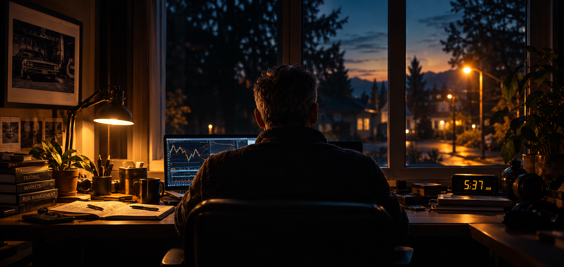 A trader at a home workspace before dawn, with warm desk light and streetlights beyond the window.