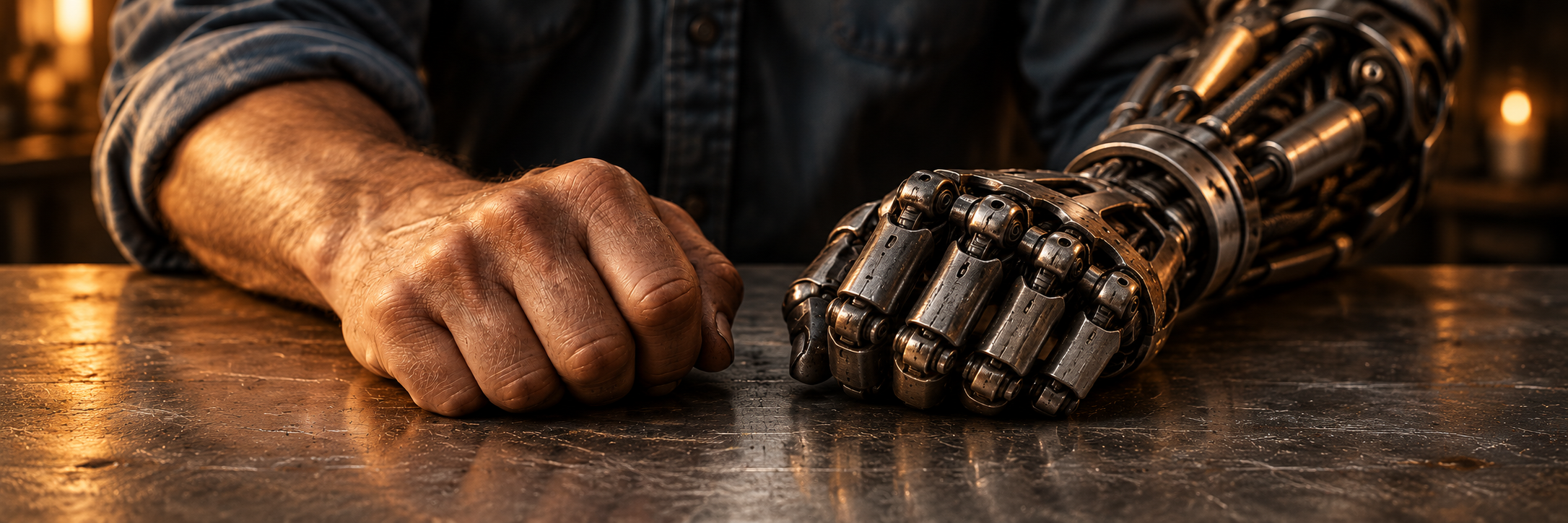 An adult human hand and an exposed mechanical hand resting beside one another on a worn steel workbench.