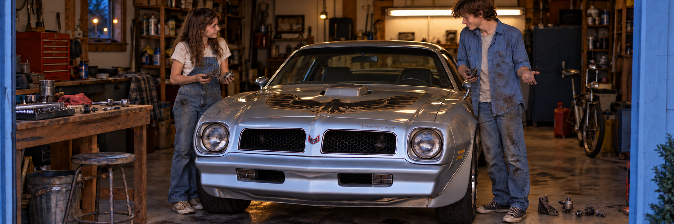 The same teenagers beside the reassembled silver Trans Am, amused by leftover parts, with streetlights glowing outside at blue hour.