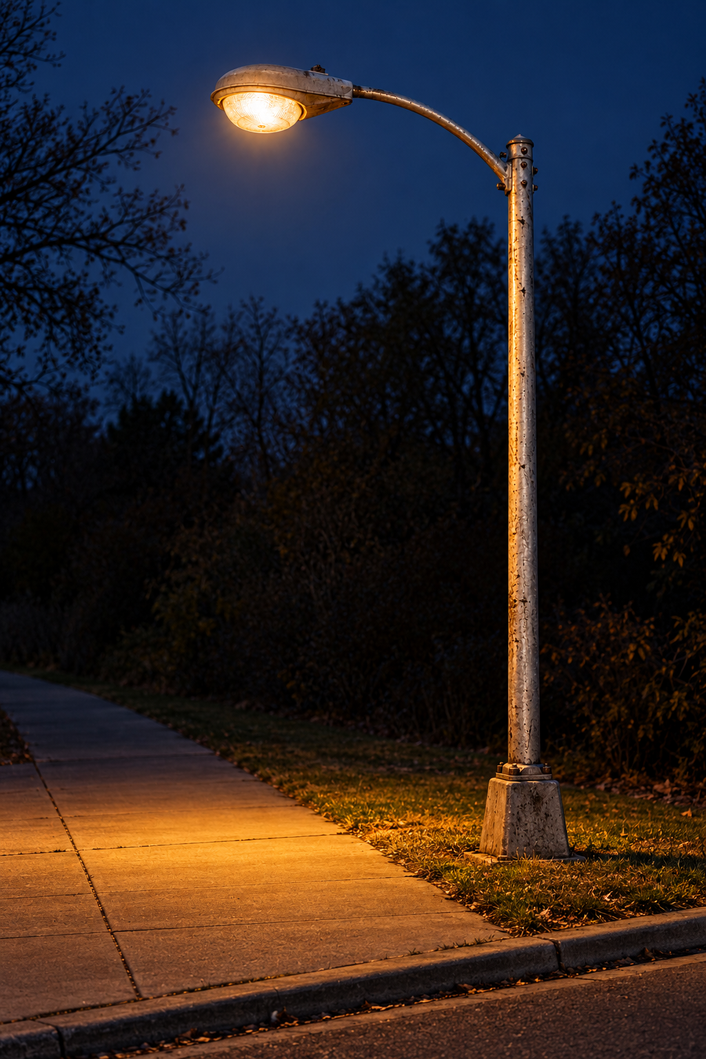 A solitary amber streetlight illuminating a quiet sidewalk that continues into blue-hour darkness.