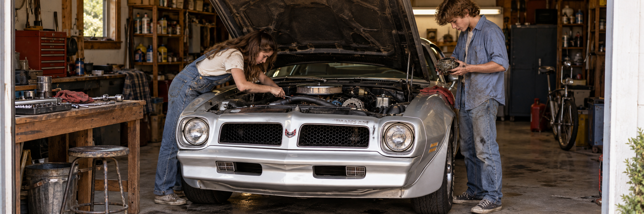 Two teenagers working beneath the raised hood of a silver 1976 Trans Am in a suburban garage during daylight.